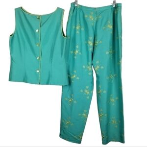 David Warren NY Womens 100% Silk Two Piece Pant Set Button Embroidered Size 14